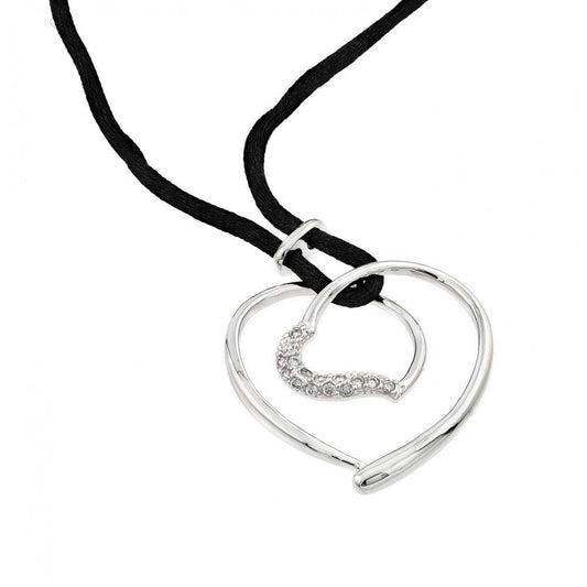 Silver 925 Rhodium Plated Open Heart CZ Black Rope Necklace