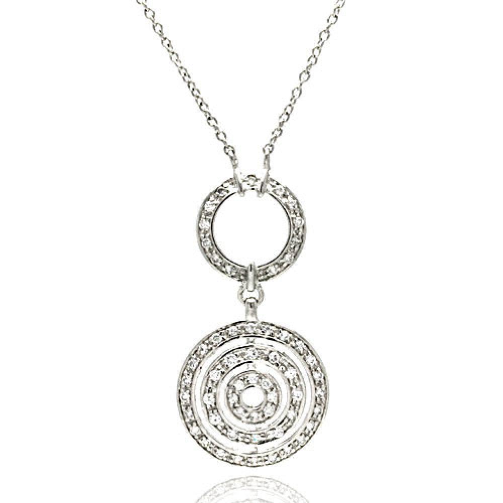 Silver 925 Clear CZ Rhodium Plated Multi Circle Pendant Necklace