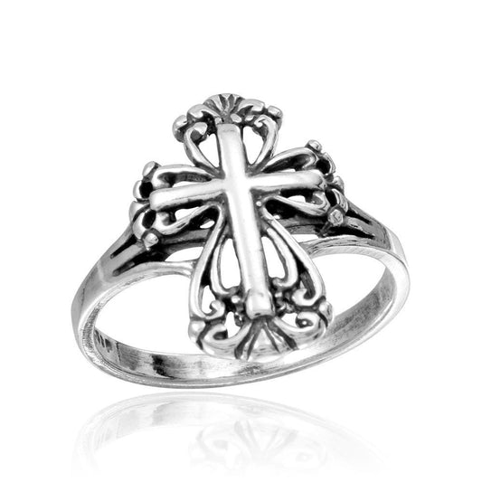 Rhodium Plated 925 Sterling Silver Cross Ring