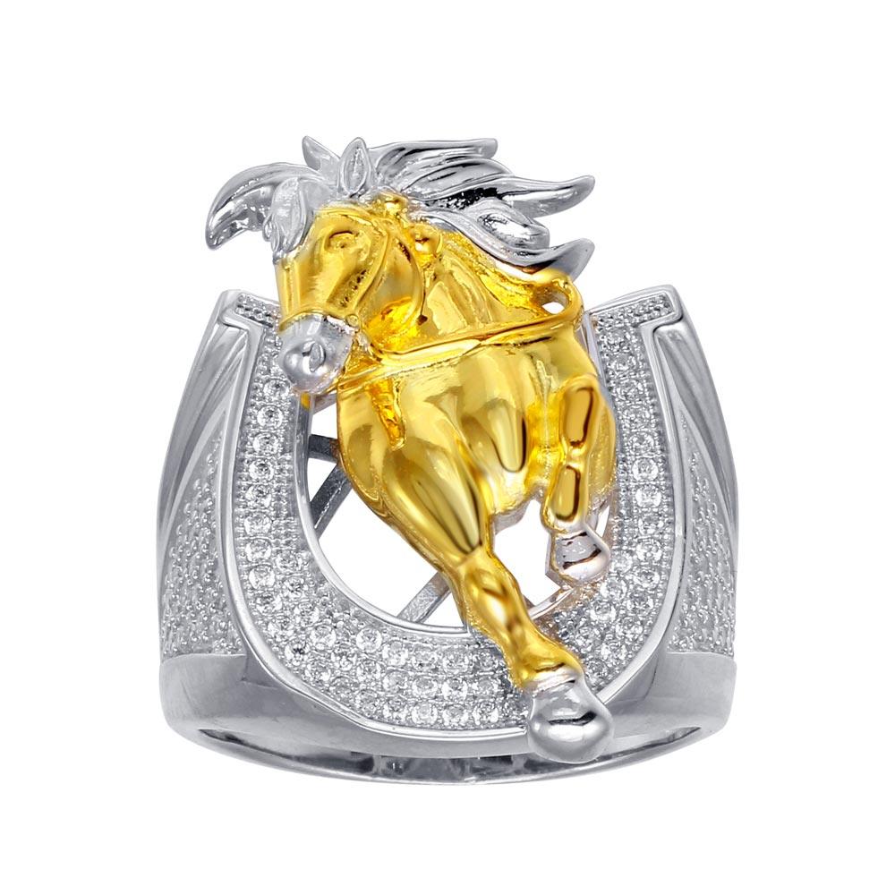 Two-Tone 925 Sterling Silver Men's 925 Sterling Silver CZ Horse Shoe Gold Horse Ring