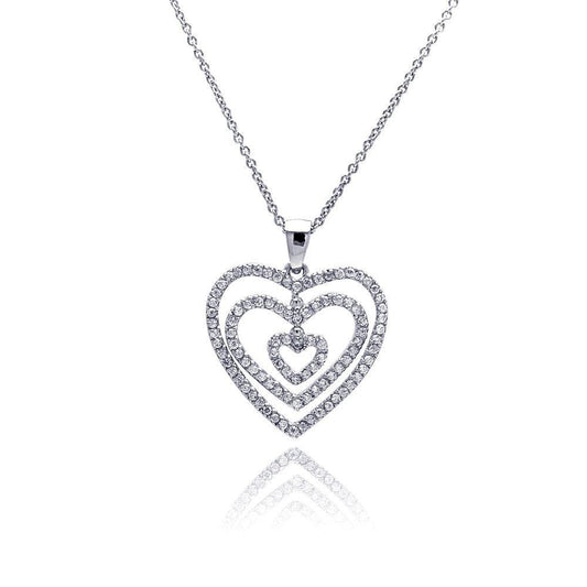 Silver 925 Clear CZ Rhodium Plated Graduated Heart Pendant Necklace