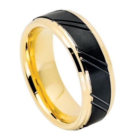 Tungsten Ring Yellow Gold IP Plated Inner Ring Stepped Edge with Black IP Diagonally Grooved Center Brushed Finish