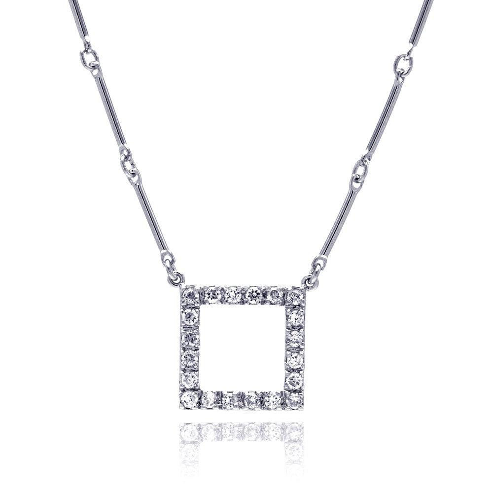 Silver 925 Rhodium Plated CZ Open Square Pendant Necklace