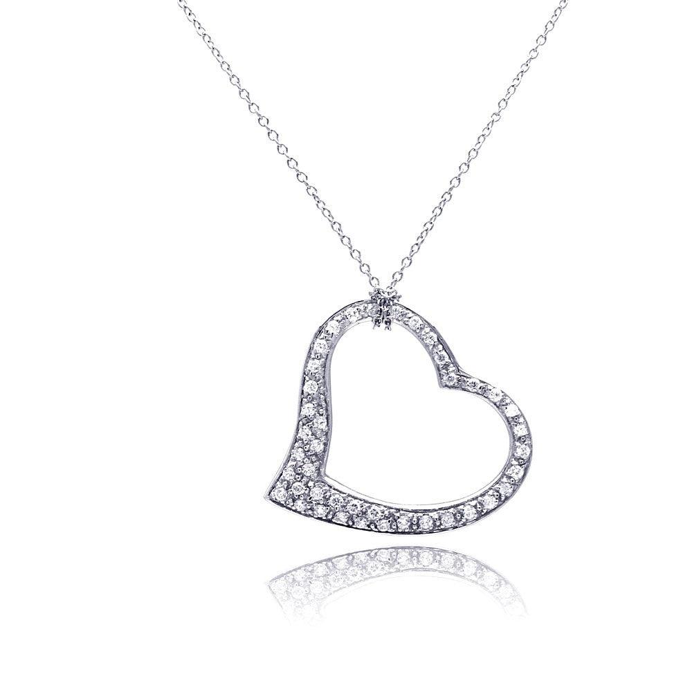 Silver 925 Clear CZ Rhodium Plated Dangling Heart Pendant Necklace