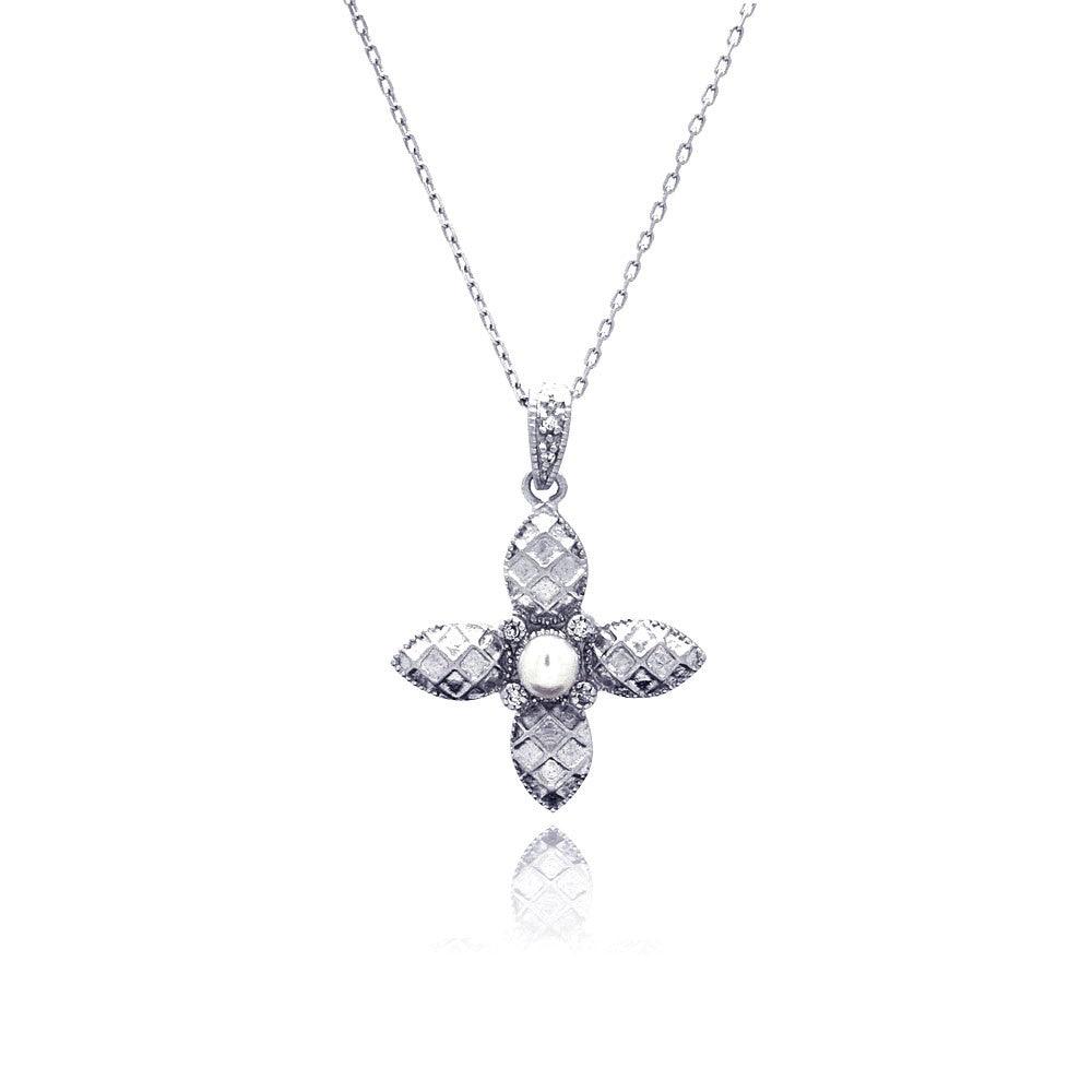 Silver 925 Rhodium Plated Flower CZ Center Pearl Necklace