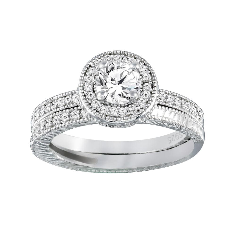 925 Sterling Silver Rhodium Plated Micro Pave CZ Engagement Ring