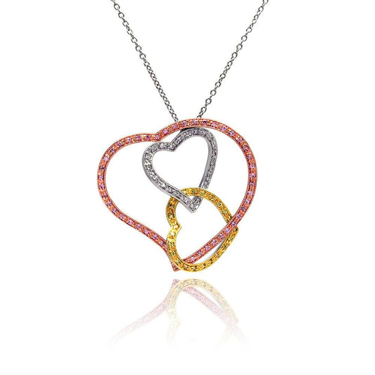 Silver 925 Toned Open Layered Heart Multi Colored CZ Pendant Necklace