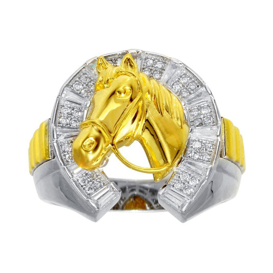 Two-Tone 925 Sterling Silver Men's 925 Sterling Silver CZ Horse Shoe Gold Horse Ring