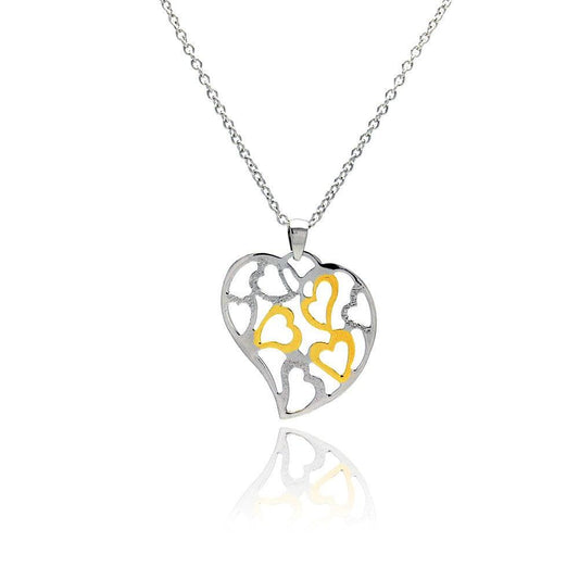 Silver 925 Clear CZ Gold and Rhodium Plated Multi Hearts Pendant Necklace