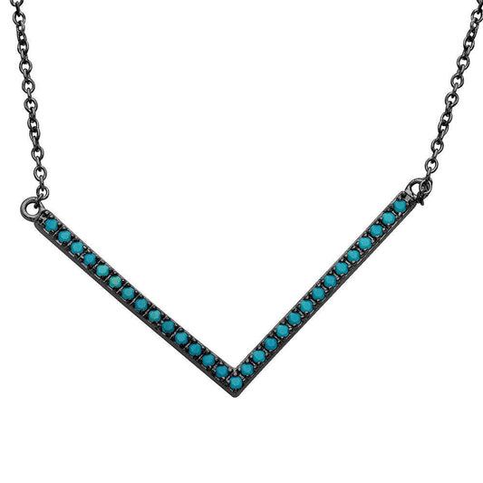 Black Rhodium 925 Sterling Silver Wide V Shape Turquoise Encrusted Necklace