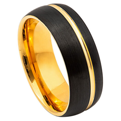 Tungsten Ring Two tone Brushed Yellow Gold & Black IP Plated Groove