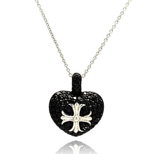 Rhodium Plated 925 Sterling Silver Black Heart with Silver Cross Necklace