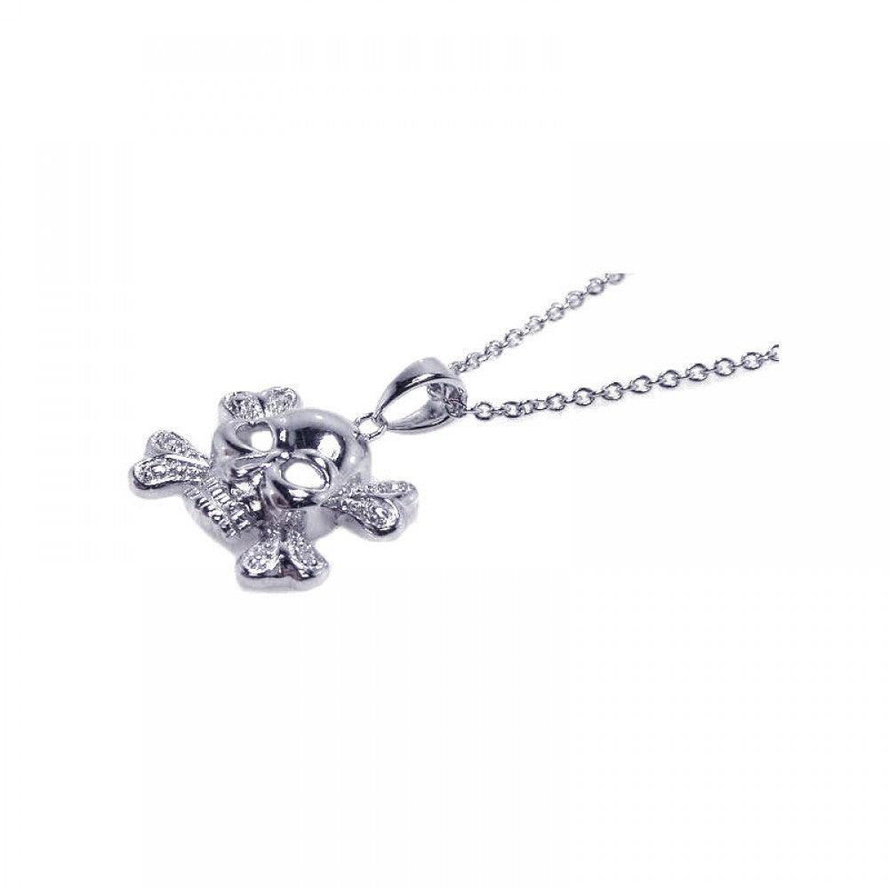 Silver 925 Clear CZ Rhodium Plated X Skull Pendant Necklace