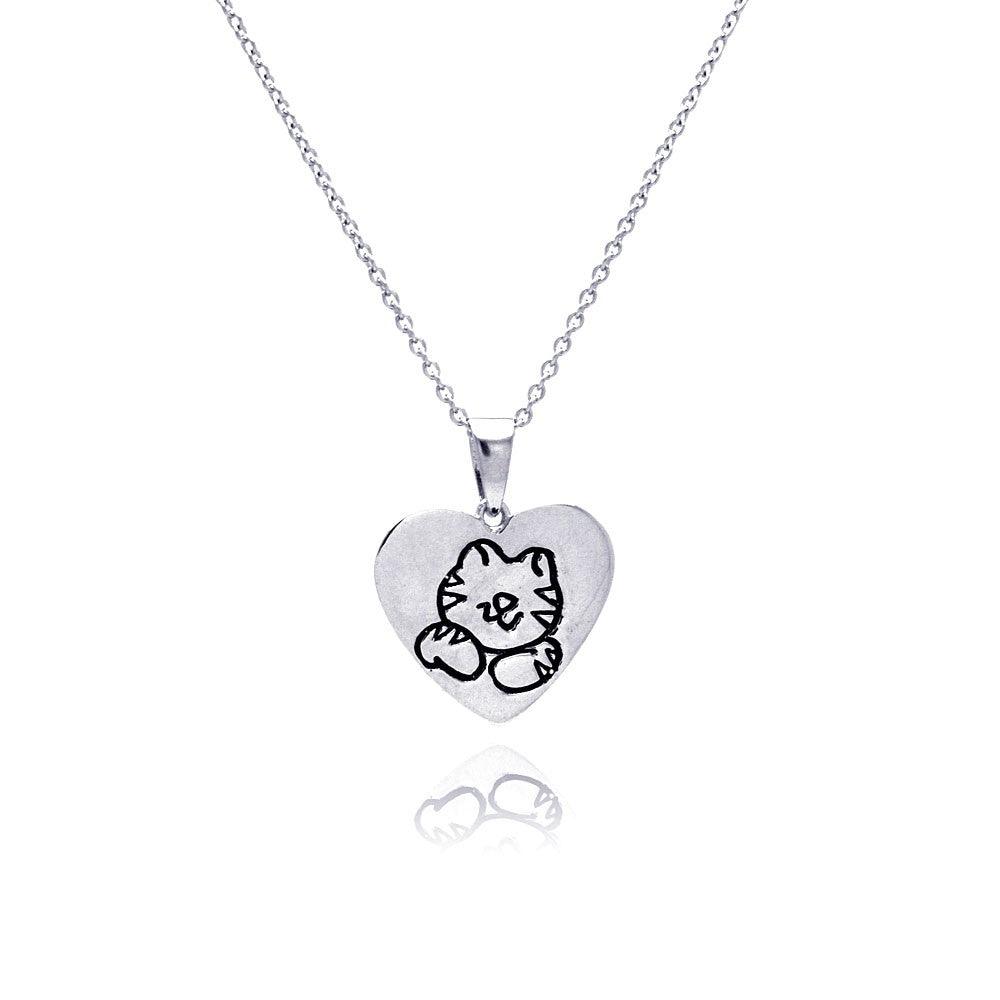 Silver 925 Rhodium Plated Kitty Heart Pendant Necklace