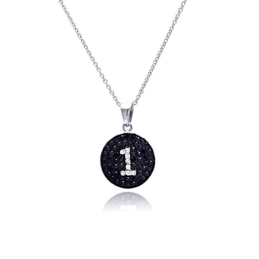 Silver 925 Black and Silver Rhodium Plated Number One Black and Clear CZ Dangling Necklace