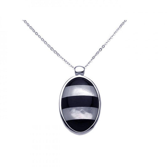 Silver 925 Rhodium Plated Mother of Pearl Onyx Oval CZ Necklace