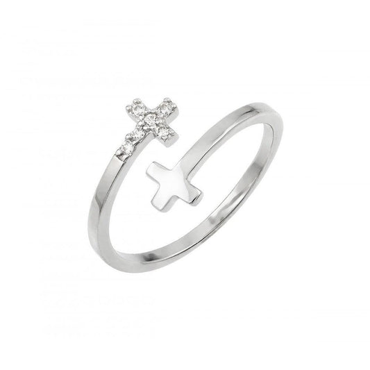 Silver 925 Rhodium Plated CZ Double Cross Ring