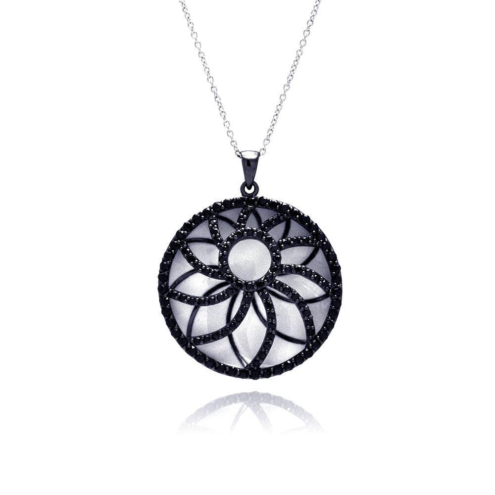 Silver 925 Black Rhodium Plated Flower Pendant Necklace