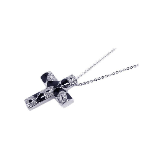 Silver 925 Clear CZ Black Enamel Rhodium Plated Cross Pendant Necklace