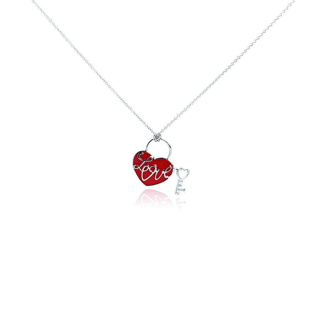 Silver 925 Rhodium Plated Clear CZ Heart Key Love Pendant Necklace