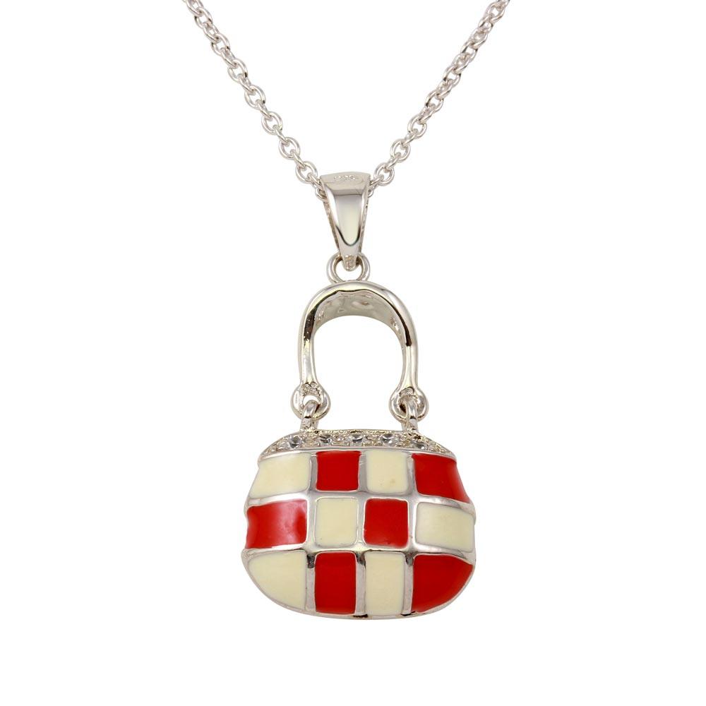 Rhodium Plated 925 Sterling Silver Pink and White Checkered Purse Pendant Necklace with CZ