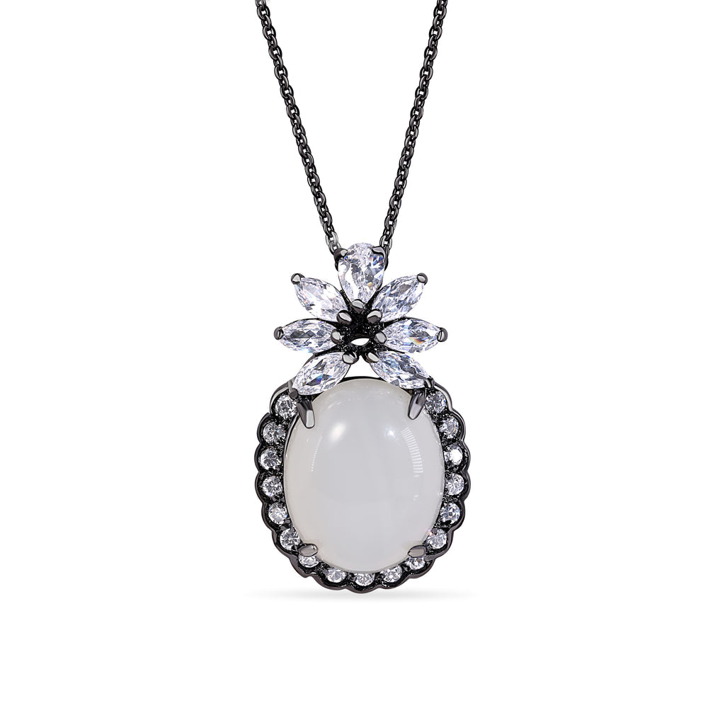 Black Rhodium Plated 925 Sterling Silver Oval Shaped Pendant With CZ Inlay Necklace