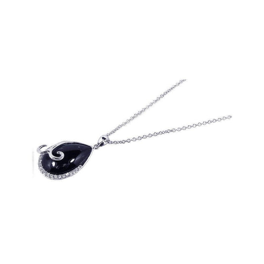 Silver 925 Rhodium Plated Onyx Drop-shape Pendant Necklace