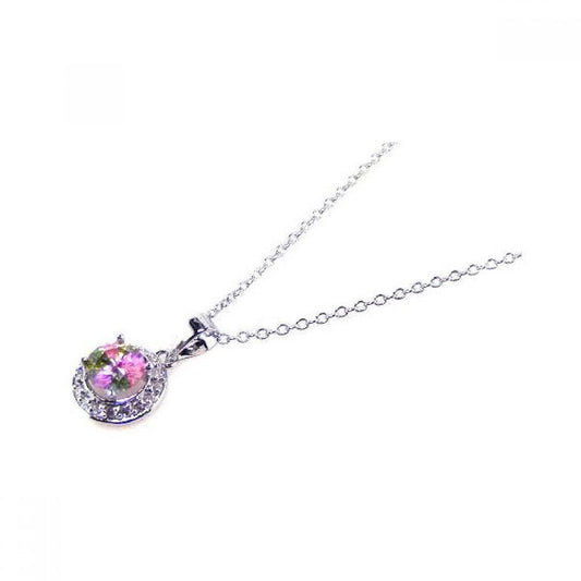 Silver 925 Multi Color CZ Rhodium Plated Solitaire Pendant Necklace