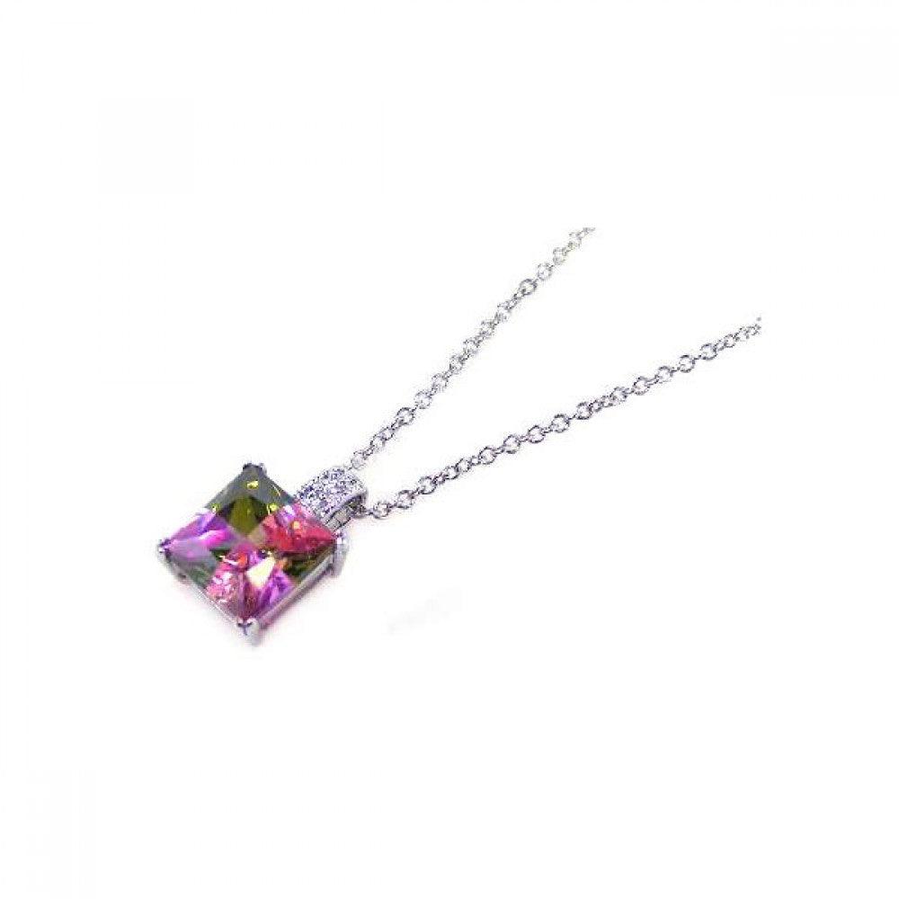 Silver 925 Multi Color CZ Rhodium Plated Square Stone Pendant Necklace