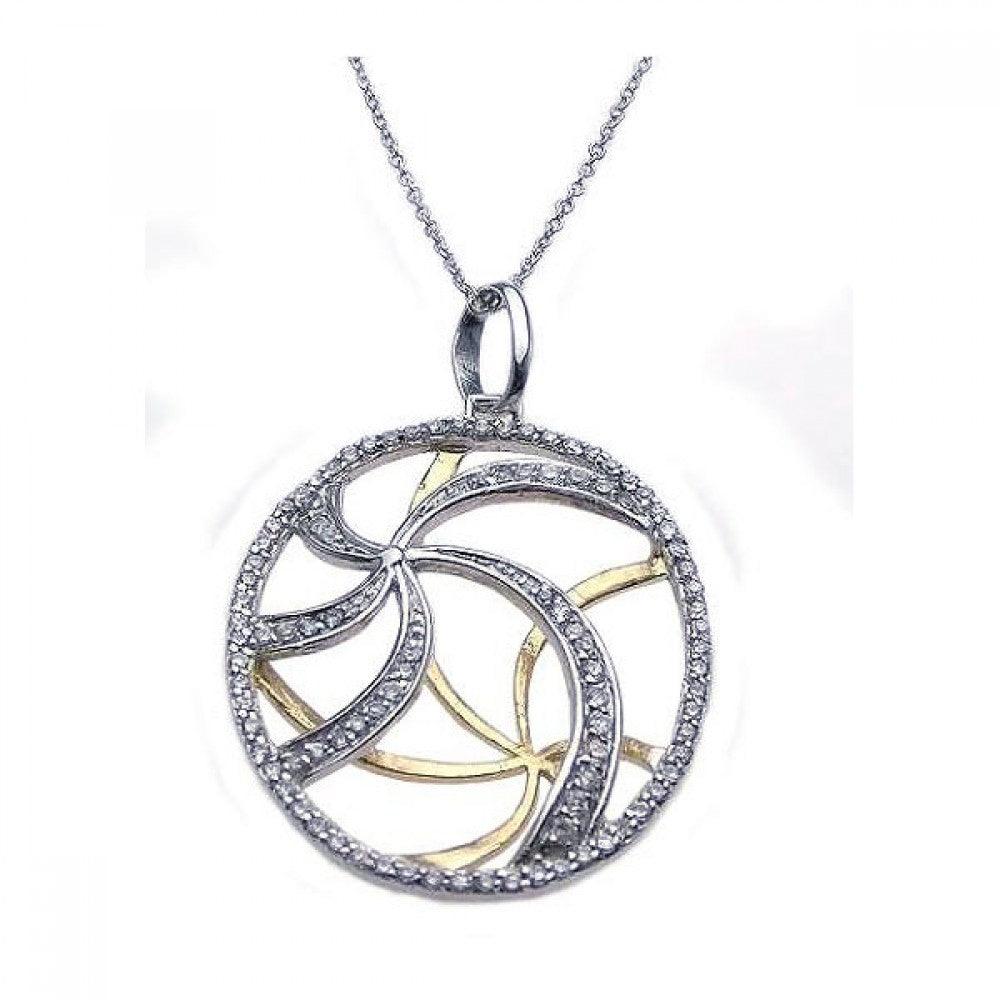 Silver 925 Rhodium and Gold Plated Clear CZ Swirl Pendant Necklace