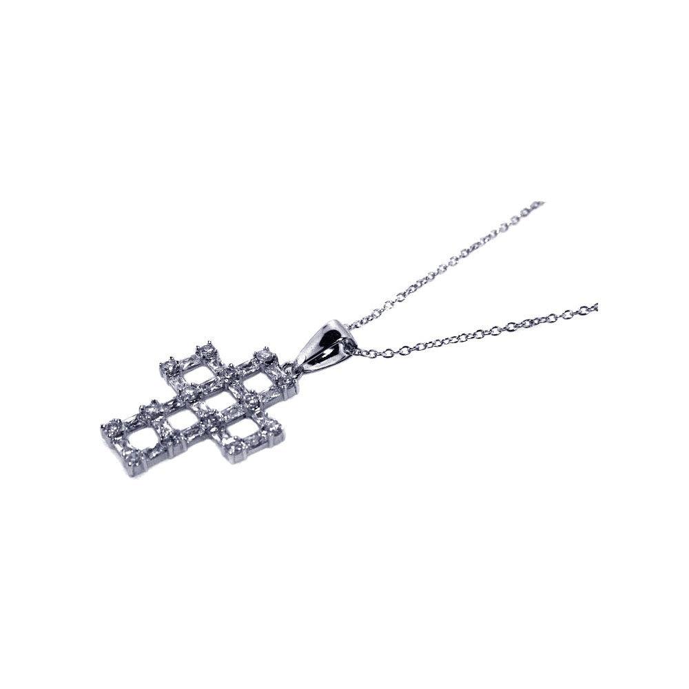 Silver 925 Rhodium Plated CZ Open Cross Pendant Necklace