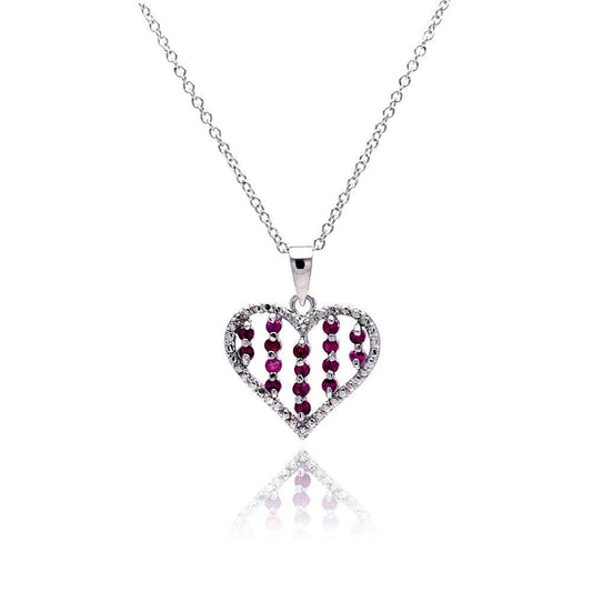 Silver 925 Red CZ Rhodium Plated Heart Pendant Necklace