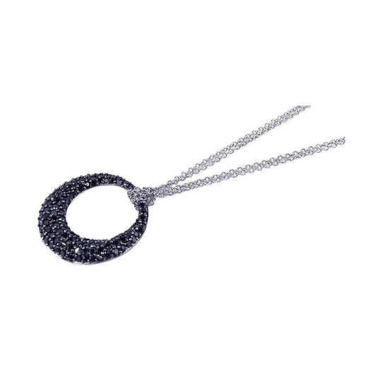 Silver 925 Black Rhodium Plated Clear CZ Circle Pendant Necklace