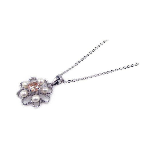 Silver 925 Champagne CZ Rhodium Plated Flower Pendant Necklace