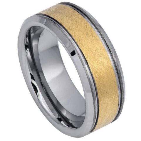 Tungsten Ring Yellow Gold IP Plated Wire Brushed Finished Center High Polished Stepped/Beveled Edge