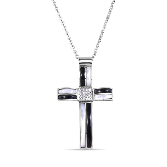 Silver 925 Black and Rhodium Cross CZ Necklace