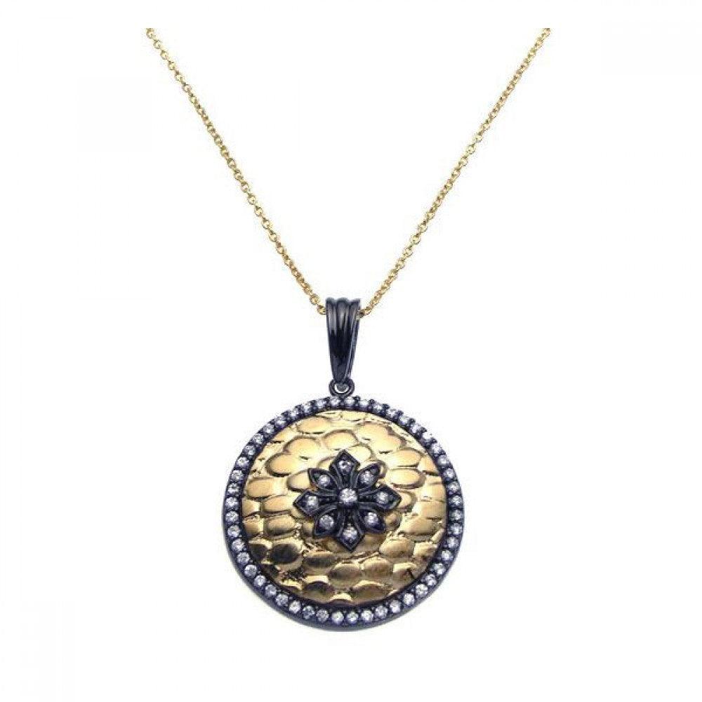 Silver 925 Black Rhodium and Gold Plated Clear CZ Circle Round Pendant Necklace