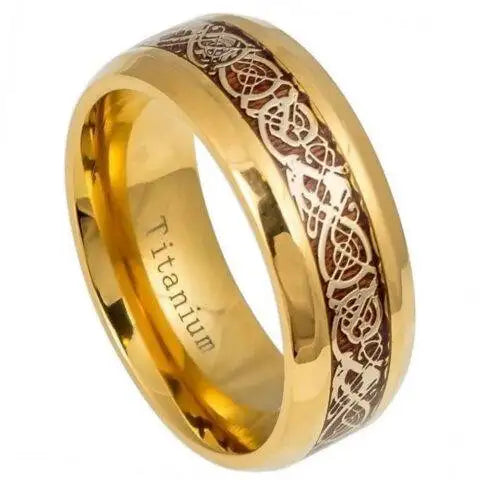 Yellow Gold IP Plated Titanium Ring with Yellow Gold IP Celtic Design Over Rosewood Inlay