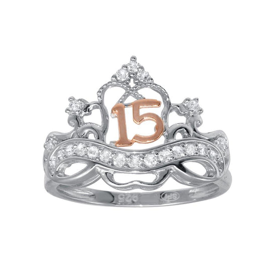 Two-Tone Sterling Silver CZ Quinceanera Crown Ring