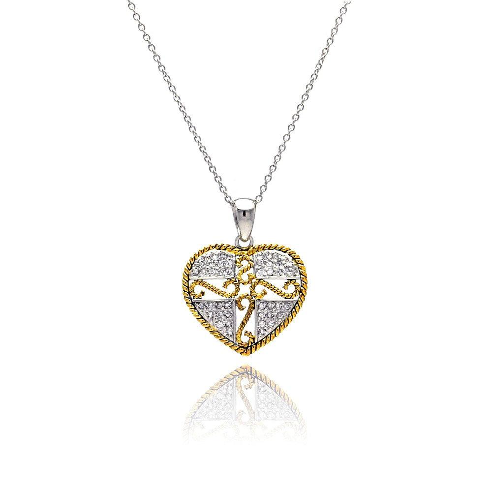 Silver 925 Gold and Silver Rhodium Plated Micro Pave Heart Filigree CZ Dangling Necklace