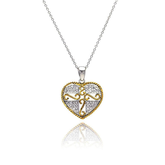 Silver 925 Gold and Silver Rhodium Plated Micro Pave Heart Filigree CZ Dangling Necklace