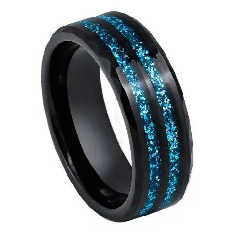 Black IP Plated Faceted Finish Blue Glitter Inlay