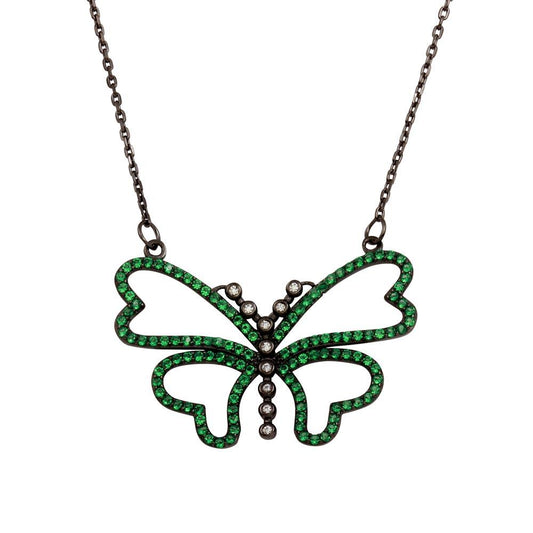 Black Rhodium Plated 925 Sterling Silver Green CZ Butterfly Pendant Necklace