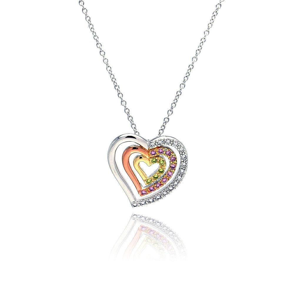 Silver 925 Clear Pink Yellow CZ Gold Rose Gold and Rhodium Plated Graduated Heart Pendant Necklace