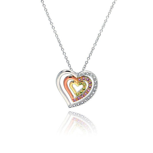 Silver 925 Clear Pink Yellow CZ Gold Rose Gold and Rhodium Plated Graduated Heart Pendant Necklace