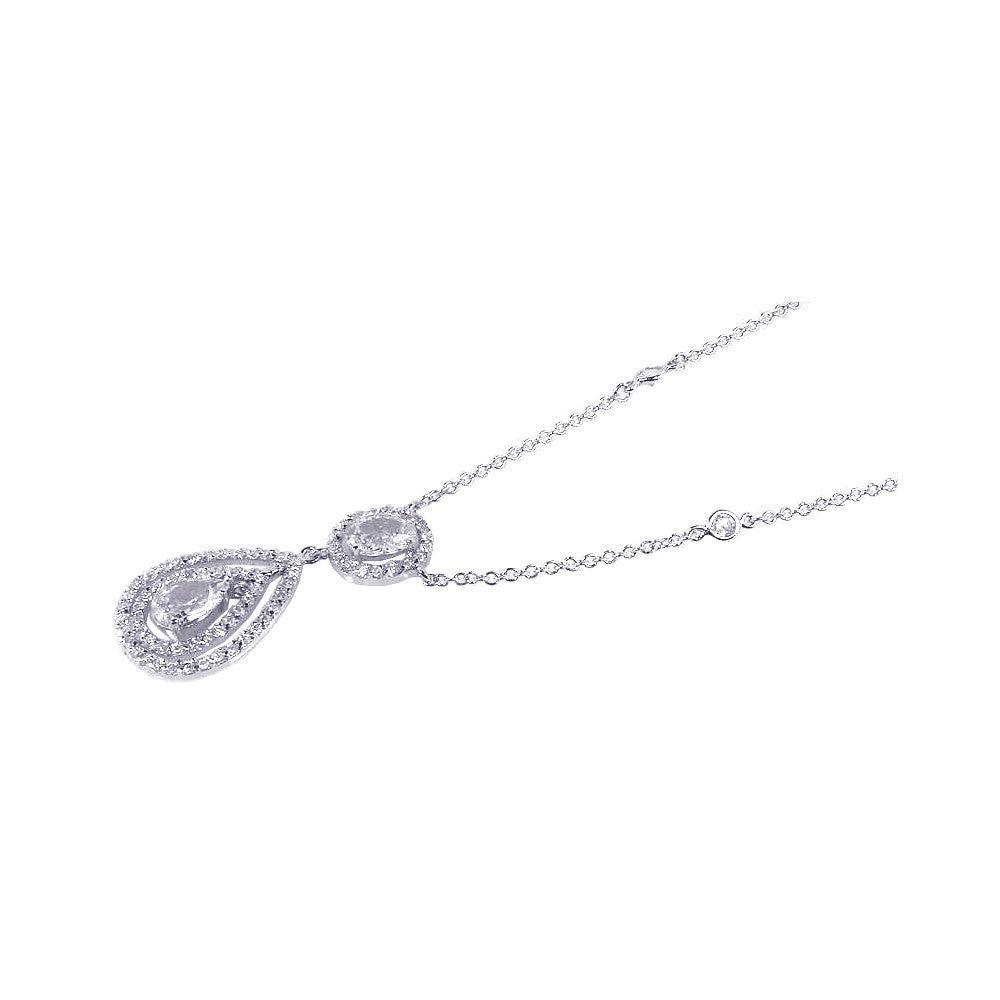 Silver 925 Rhodium Plated Clear Teardrop and Round CZ Antique Pendant Necklace