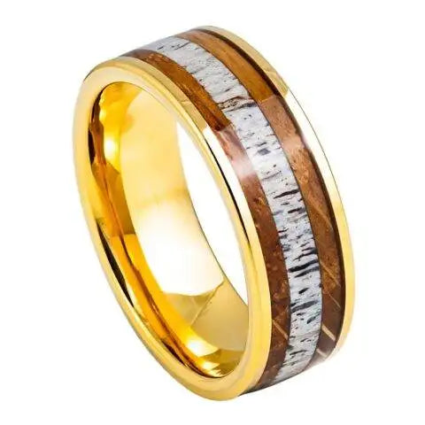 Yellow Gold IP Plated Whiskey Barrel & Deer Antler Inlay