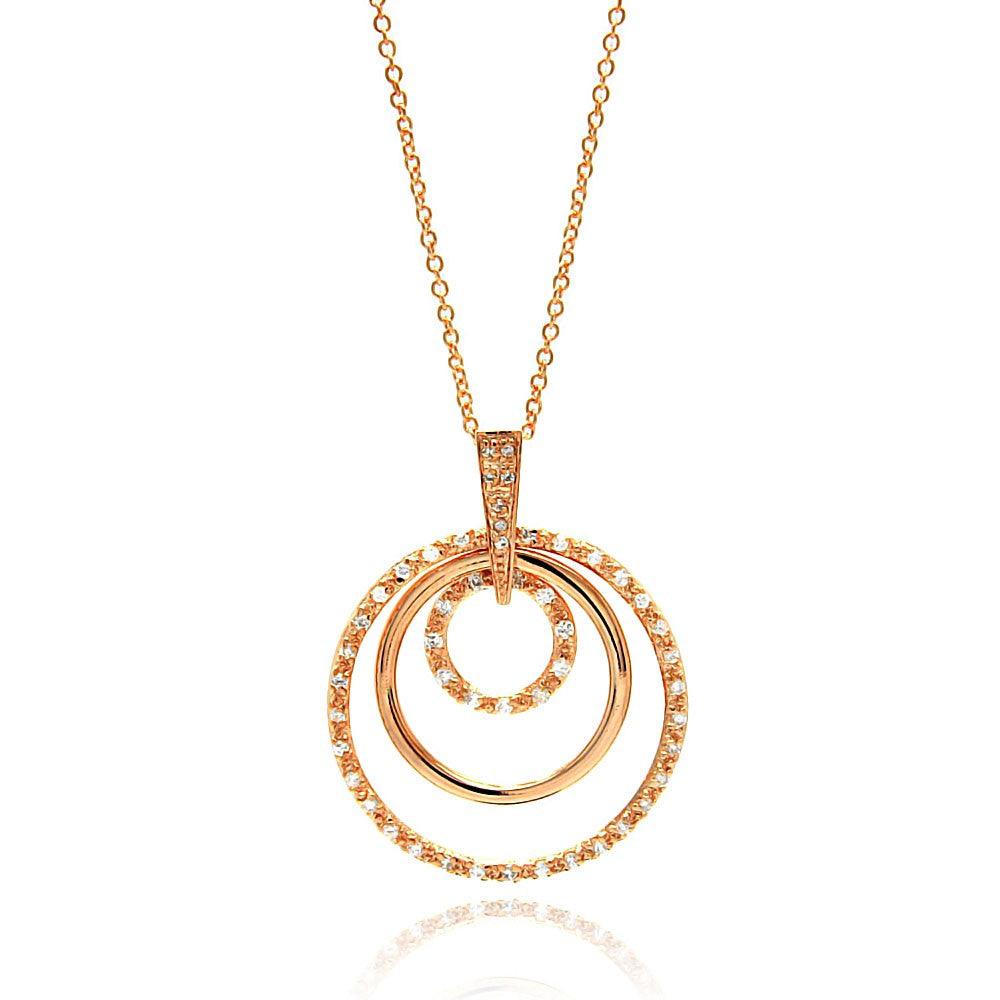 Silver 925 Clear CZ Rose Gold Plated Multi Circle Pendant Necklace