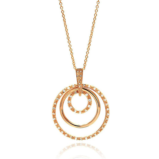 Silver 925 Clear CZ Rose Gold Plated Multi Circle Pendant Necklace