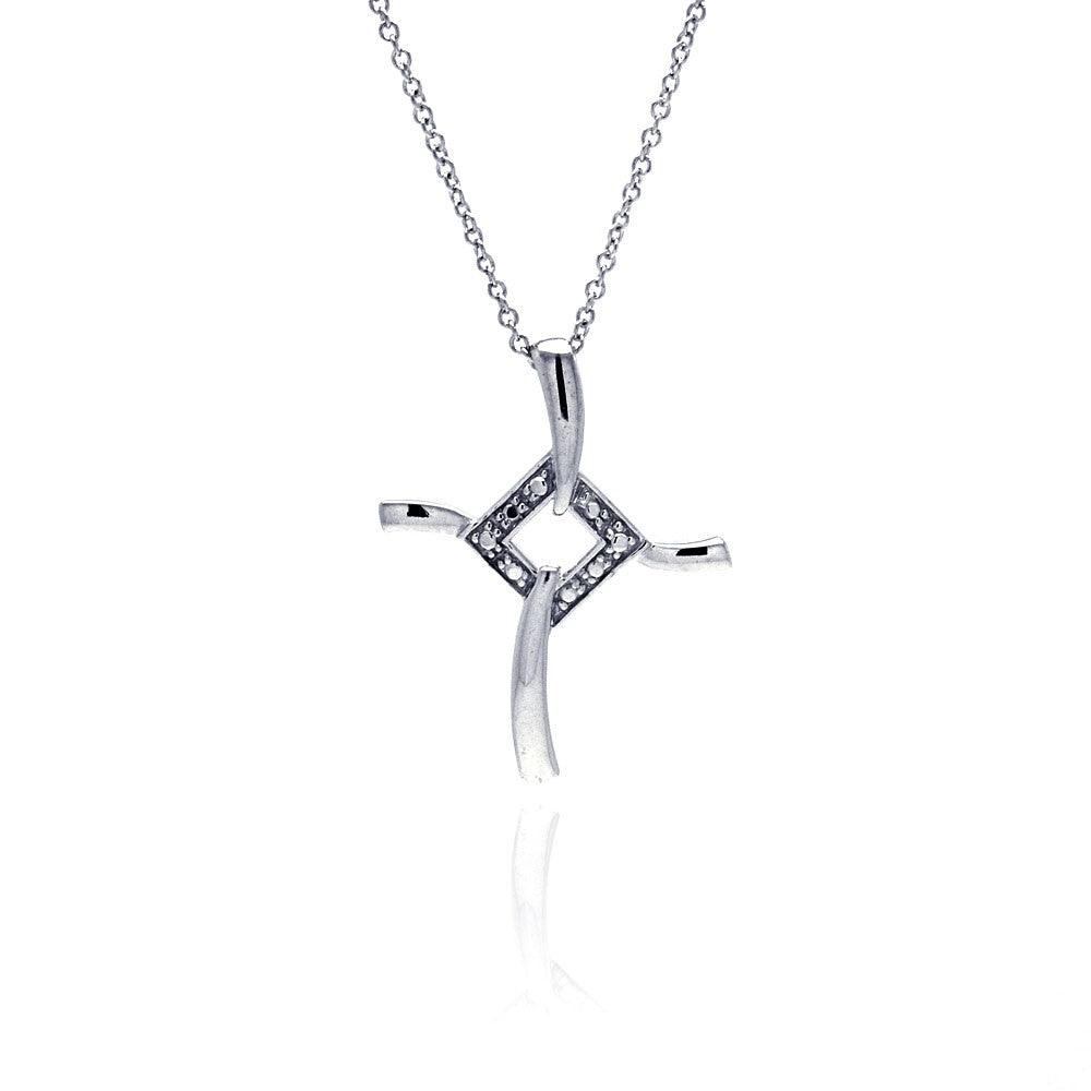 Silver 925 Clear CZ Rhodium Plated Fancy Cross Pendant Necklace